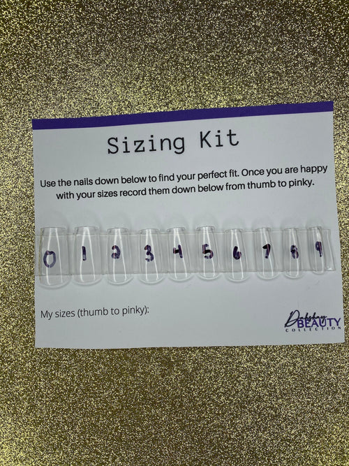 Sizing kit for false nails with measurement chart on a glittery background